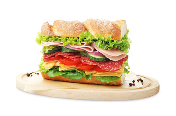 Tasty baguette sandwich with ham and vegetables isolated on white