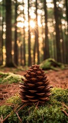pinecone resting on forest floor with moss.