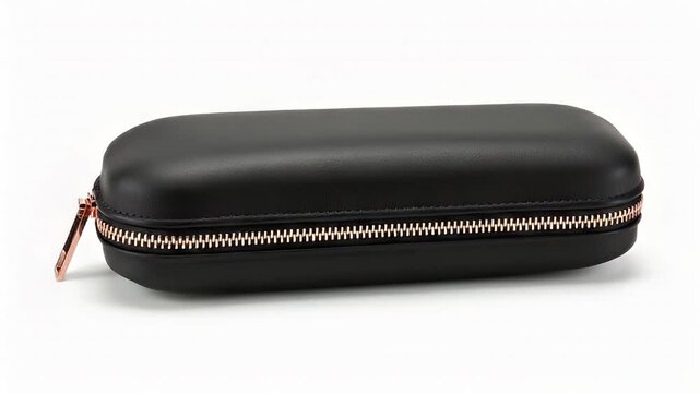 Black Leather Eyeglass Case with Copper Zipper on White Background