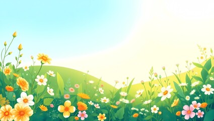 Beautiful flower field illustration with blue sky and green hill background art