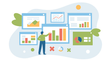 Man presenting data on multiple screens with charts and graphs in a business meeting setting view