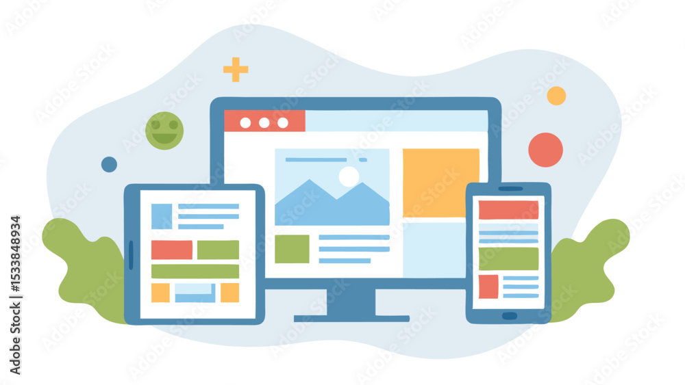 Aufkleber illustration of responsive design showing a desktop computer tablet and smartphone screen display la