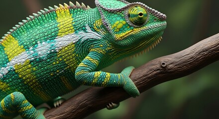 Obraz premium Vibrant Chameleon Climbing Branch: Detailed Scales, Vivid Greens & Yellows, Forest Backdrop, Photorealistic Wildlife Study, High Resolution, Dynamic Lighting, Realistic Textures