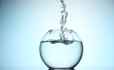 Glass aquarium with water on light blue background