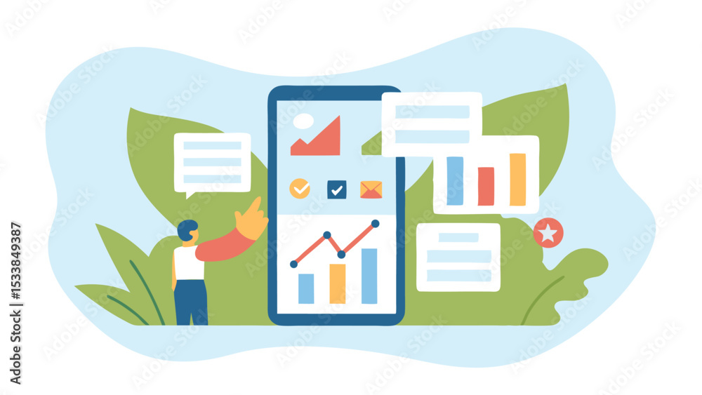 Aufkleber person interacting with a smartphone displaying charts and data visualizations interface design styl