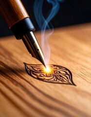 Woodburning art: heated pen engraves intricate design on wood surface