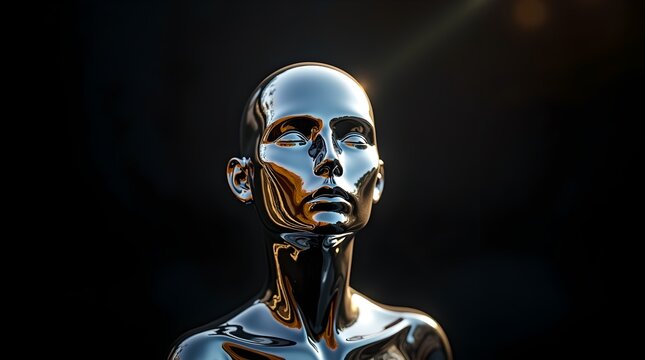 Metallic Humanoid Figure in Dark Ambiance: A Sleek, Reflective Sculpture, Spotlight and Ethereal Glow - Powered by Adobe