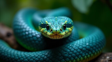 Fototapeta premium Emerald Viper Stare: A close-up of a striking blue and green snake coiled in a lush, tropical forest habitat, exuding mystery and allure.