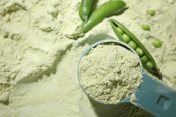 Measuring spoon and fresh pea pods on protein powder, flat lay. Space for text