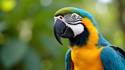 Fototapeta premium Vibrant Blue and Gold Macaw Portrait Amidst Lush Greenery, Detailed Plumage, Wildlife Beauty, Parrot Close Up, Avian Photography