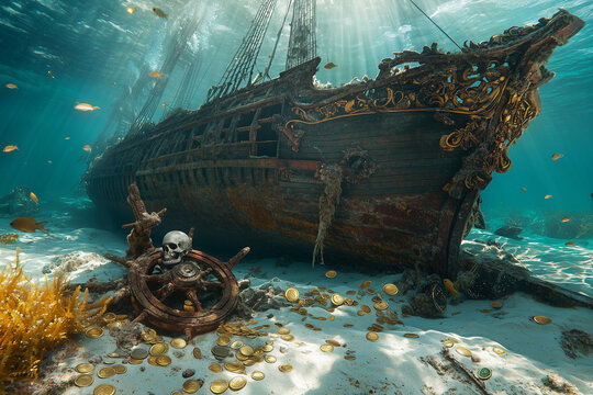 Ancient shipwreck with scattered golden treasures