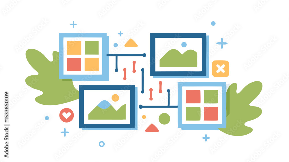 Wall mural four framed images connected by lines with various shapes and leaves in a flat vector design style