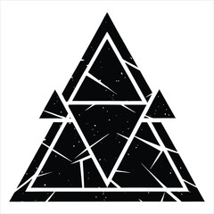 Irregular grunge triangles with scratch-filled textures, cracked overlays, and offset ink bleeds. Abstract black triangle geometric pattern isolated on white background