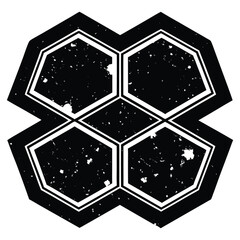 Jagged grunge hexagons with burnt edges, noise grain fill, and splattered ink marks. Abstract hexagon pattern graphic design element isolated on white background