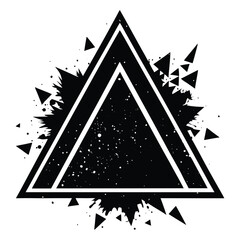 Rough grunge triangles with eroded edges, grainy overlays, and spray-paint accents in high-contrast black color. Abstract black triangle with splatter design isolated on white background