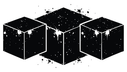 Set of box-shaped distressed overlay grunge one by one placed in silhouette with black texture and paintbrush stroke. Three black cubes with paint splatter isolated on white background