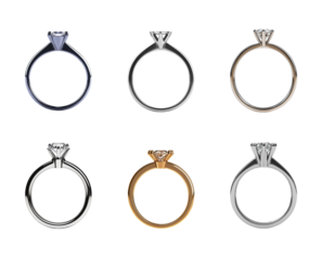 Displaying six engagement rings on a white background, featuring various metal colors like gold, silver, and platinum, along with diverse diamond settings
