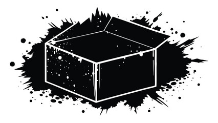 Set of distressed overlay grunge in box-shaped silhouette with black texture and paintbrush stroke. Abstract black box with ink splatter isolated on white background