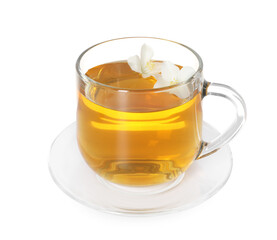 Aromatic jasmine tea in glass cup and flowers isolated on white