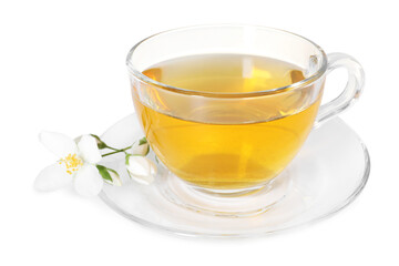 Aromatic jasmine tea in glass cup and flowers isolated on white