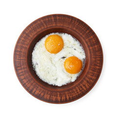 Half-boiled eggs in plate isolated on white, top view