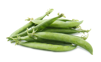 Pile of fresh green pea pods isolated on white