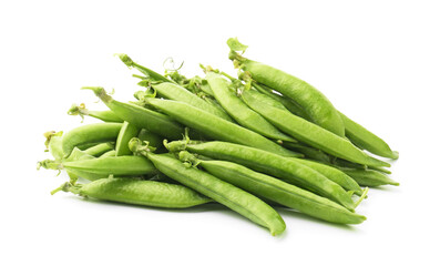 Pile of fresh green pea pods isolated on white