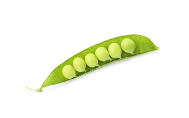 Fresh green peas in pod isolated on white, top view