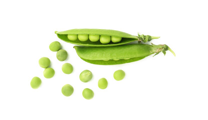 Fresh green peas in pods isolated on white, top view