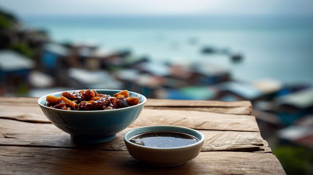 Vietnamese dried squid tamarind sauce muc rim me on a coastal fishing village table with sea background top down view
