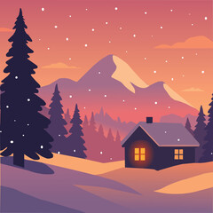 Winter Cabin at Sunset in Snowy Mountain Landscape 