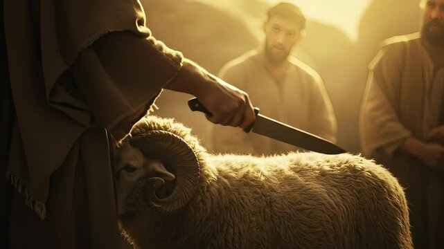Symbolic ram sacrifice ritual with knife in ancient biblical scene, religious devotion