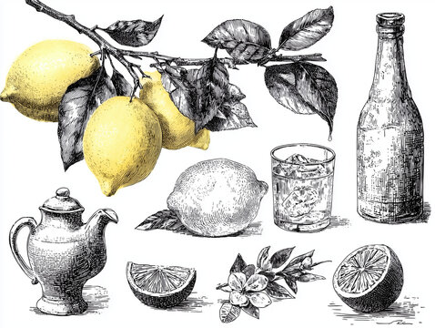 A detailed illustration of lemons, a glass of beverage, a bottle, and a teapot come together in a vintage-inspired composition