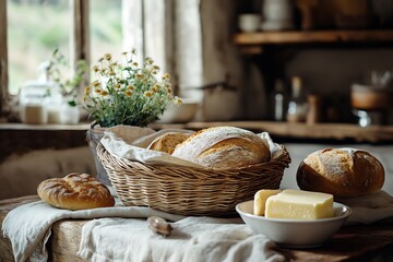 Rustic bread basket butter dish and napkin holders on a cozy table country kitchen vibes no labelling no logo no human