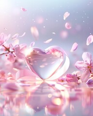 Crystal Ribbon Heart with Cherry Blossoms on Reflective Surface — Romantic Pastel Elegance