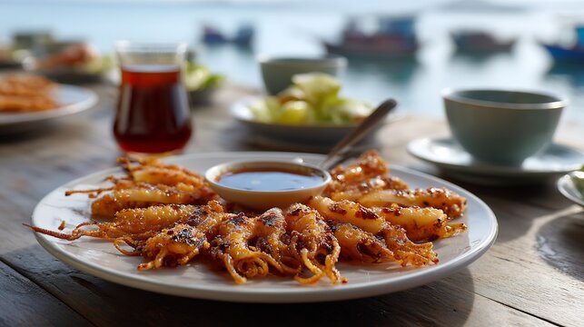 Vietnamese dried squid tamarind sauce muc rim me on a coastal fishing village table with sea background top down view