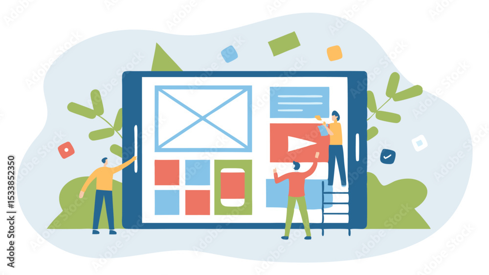 Aufkleber people designing a website layout on a large tablet with various design elements and visual componen