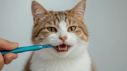 Close-Up of a Cat with a Toothbrush