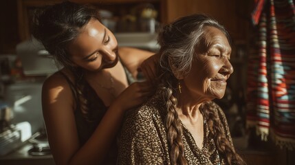 Fototapeta premium Tender Moment of Indigenous Woman Braiding Grandmother’s Hair – Ideal for Family, Caregiving, and Cultural Connection Stories