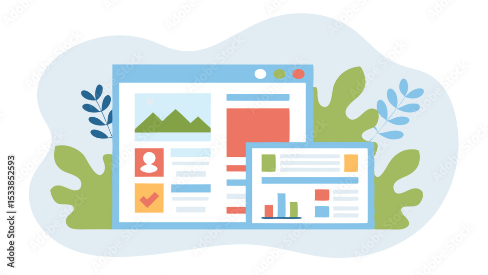Poster illustration of two web browser windows displaying content with leaves in the background design elem