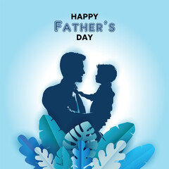 Happy Father's Day with dad and children silhouettes. Vector greeting card with a nice message of Father's Day.