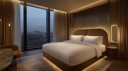 Luxurious hotel-style bedding in a modern room with moody tones and gold fixtures