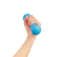 Female hands holding blue dumbbell isolated on white background, clipping path.