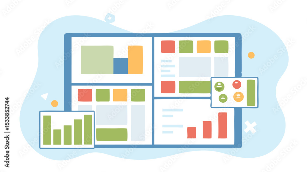 Aufkleber illustration of a dashboard interface with charts and data visualization elements displayed neatly o