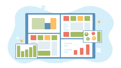 Illustration of a dashboard interface with charts and data visualization elements displayed neatly on screen