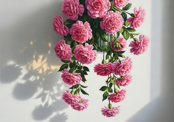 Pink roses in vase casting shadow on white wall