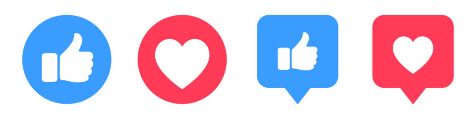 Thumbs up and heart icons. shown in round and speech bubble styles. Perfect for social media, marketing, reactions, feedback, and engagement design for apps or websites.