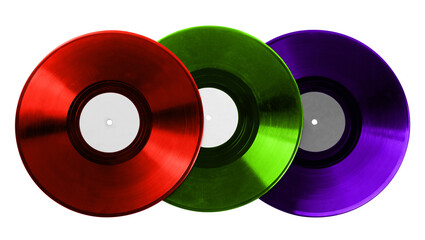 Three color vinyl records on white background