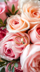 Macro Shot of Romantic Pink Rose Bouquet with Wedding Rings
