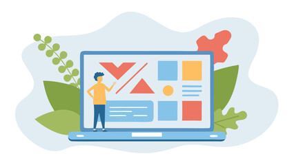 Naklejka premium Man standing next to a laptop with geometric shapes and leaves in a light blue background image